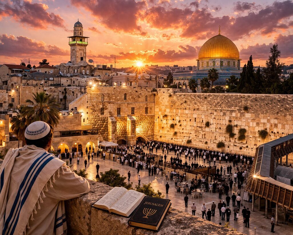 Jerusalem Old City with Western Wall and Dome of the Rock at sunset with visitors in Israel