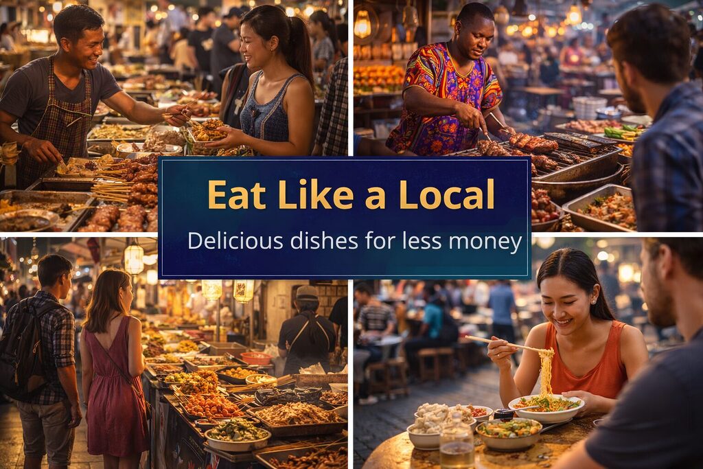 local street food experience with market vendors grilling food and travelers enjoying meals