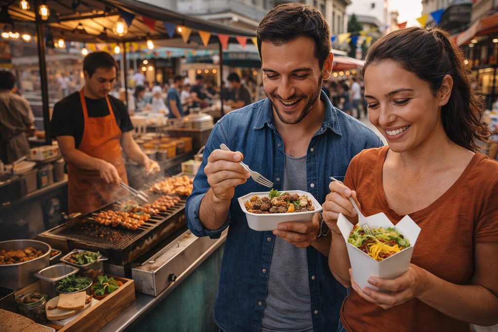 Travelers enjoying local street food at a market while saving money during a trip - Save Money While Traveling