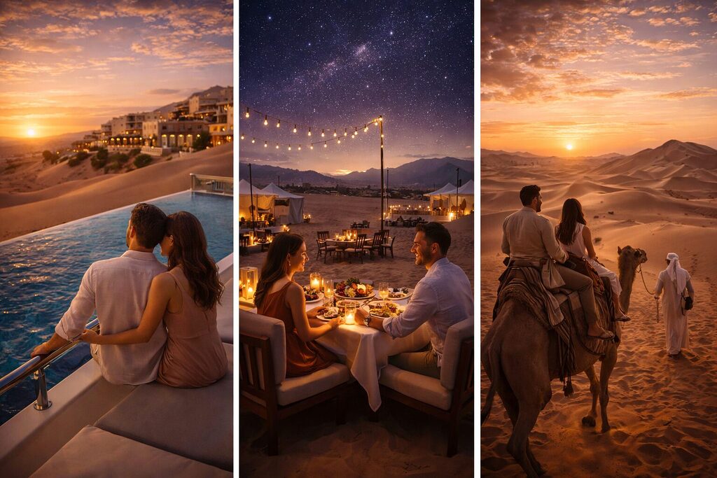 luxury desert retreat with pool view fine dining under stars and camel ride at sunset