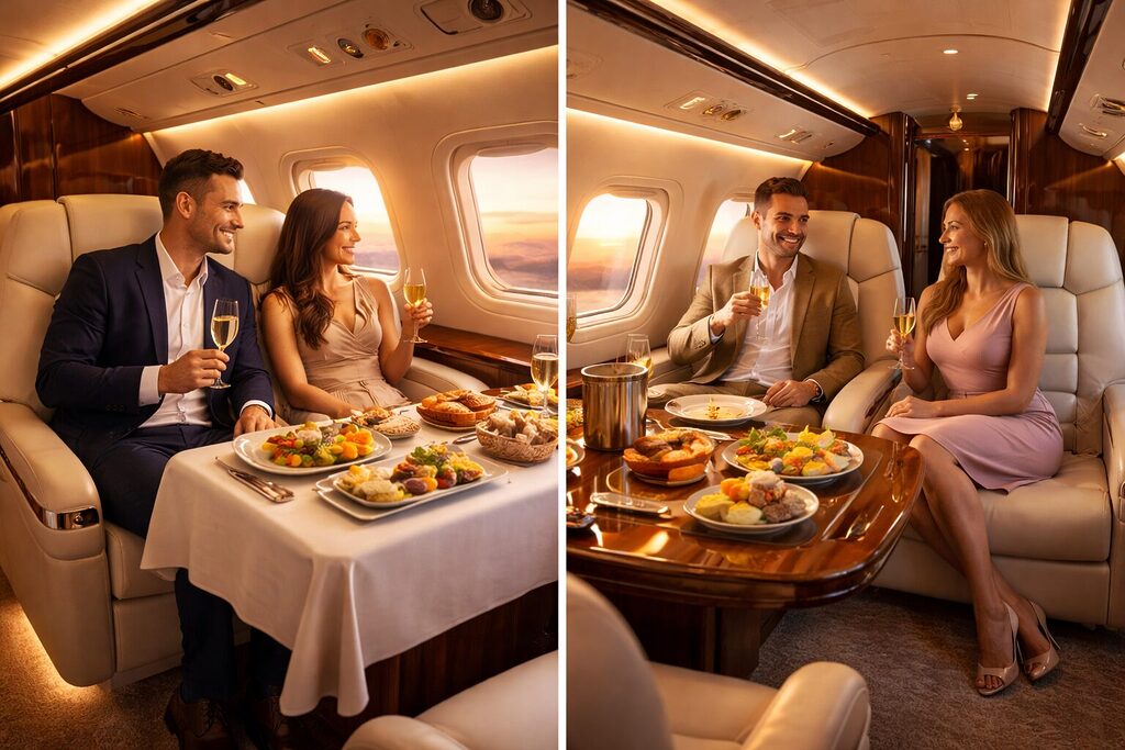 luxury flight experience with first airplane cabin and private jet interior with passengers enjoying champagne