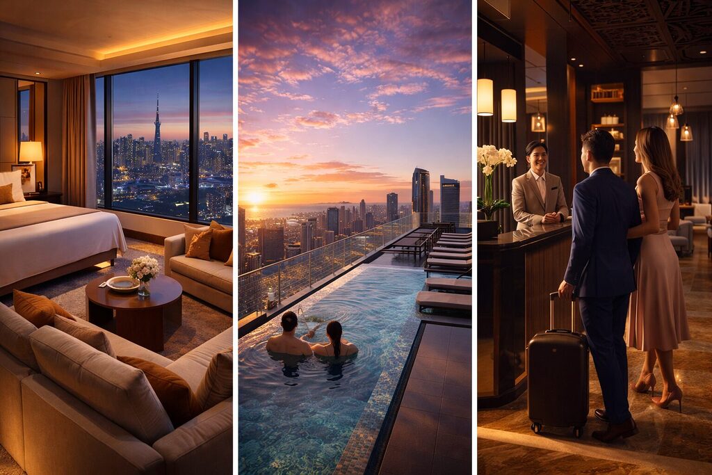 luxury hotel experience with modern suite rooftop infinity pool and premium check in service