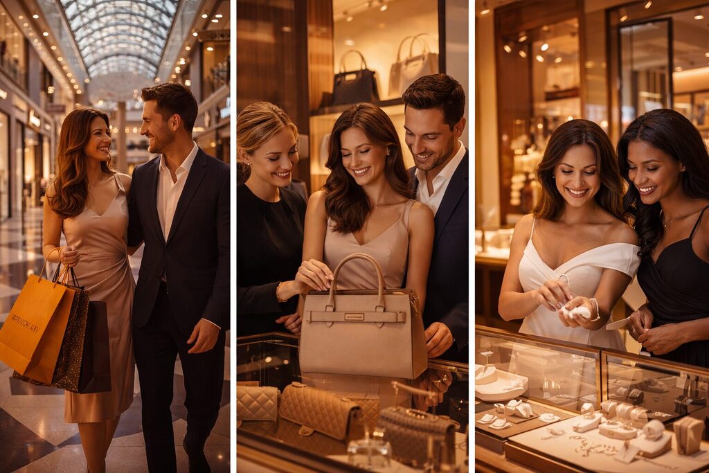 luxury shopping experience with designer boutiques handbags and jewelry selection in high end mall