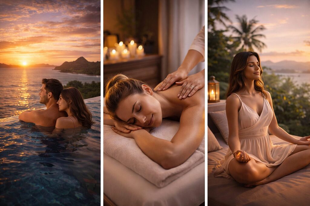 luxury spa wellness experience with massage infinity pool relaxation and meditation setting