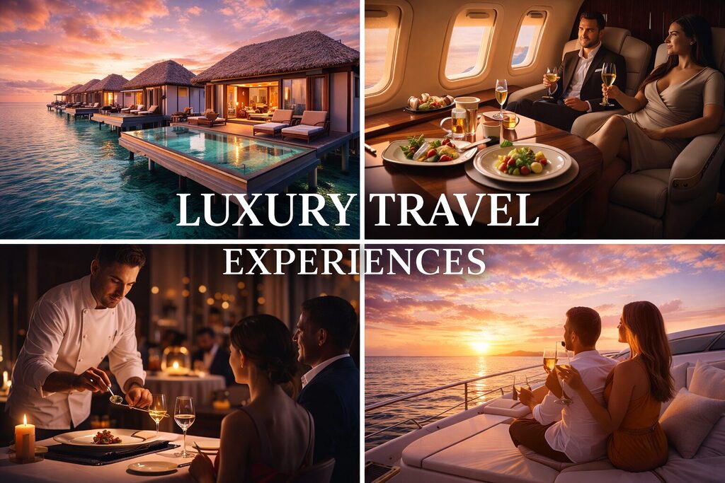 luxury travel experiences including overwater villas private jet fine dining and yacht sunset