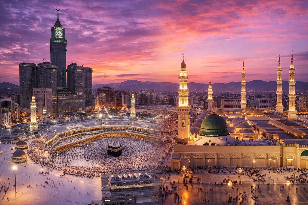 Mecca Kaaba at Masjid al-Haram and Prophet’s Mosque in Medina at sunset in Saudi Arabia