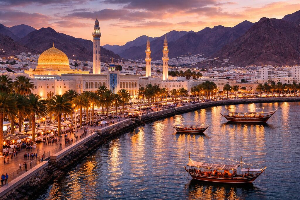 Muscat coastline with Sultan Qaboos Grand Mosque and harbor at sunset in Oman