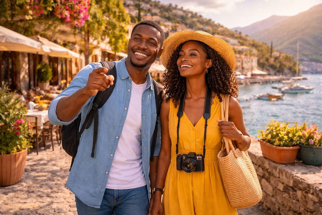 African couple enjoying a quiet travel destination during off peak season