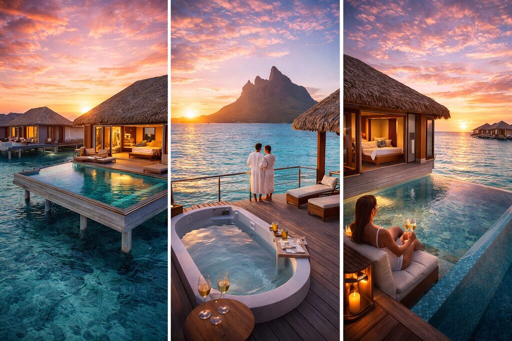 luxury overwater villas in Maldives and Bora Bora with private pools and ocean sunset views