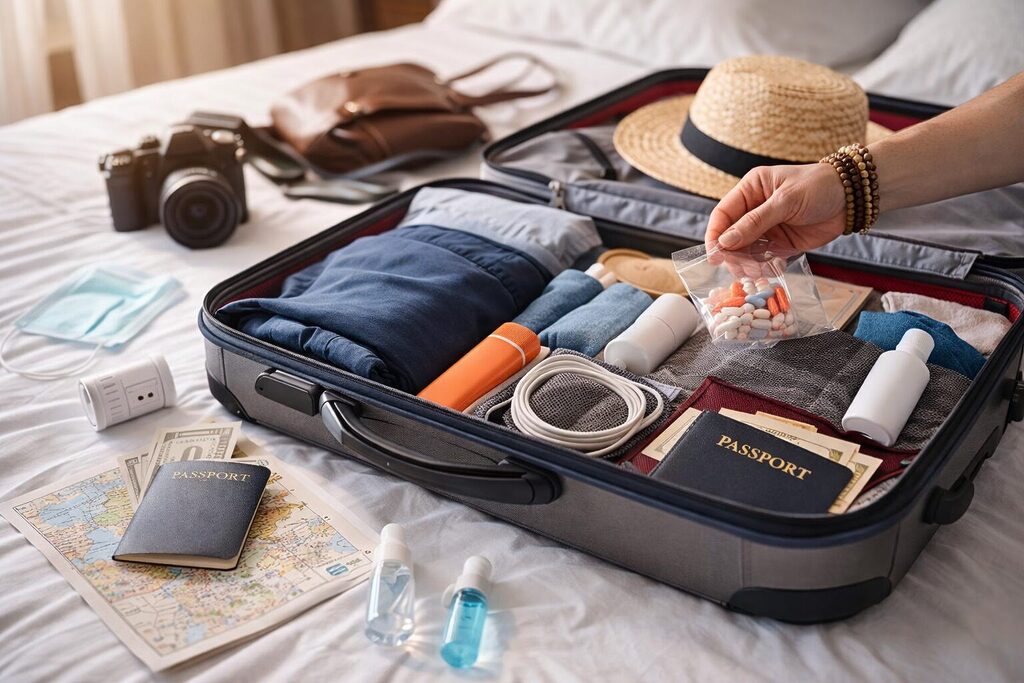 Packing suitcase with travel essentials including clothes, passport, and accessories for international trip