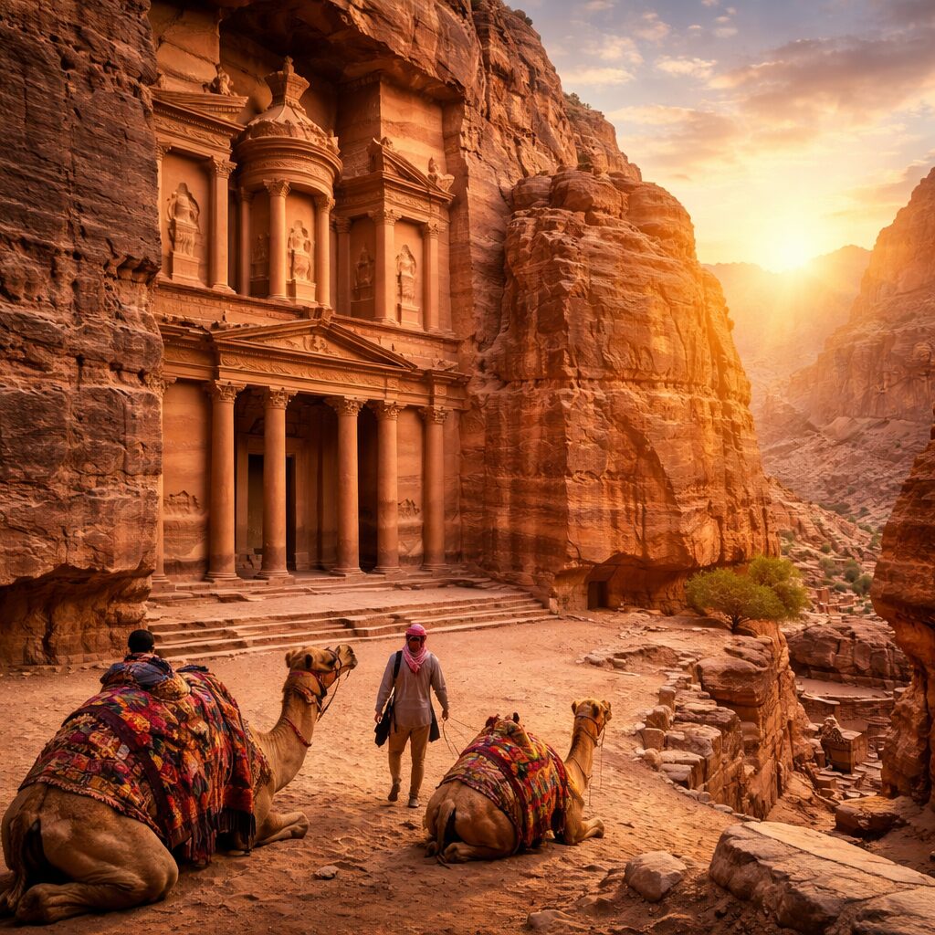 Petra Treasury Al Khazneh carved into sandstone cliffs with camels at sunrise in Jordan