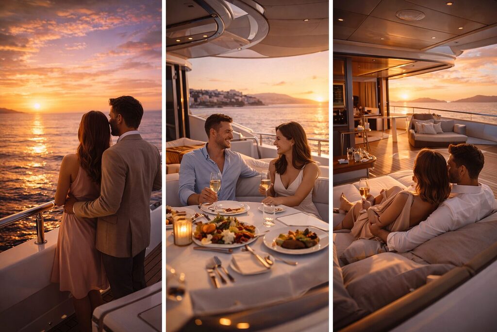 luxury private yacht experience with couples enjoying sunset dining and relaxation on deck