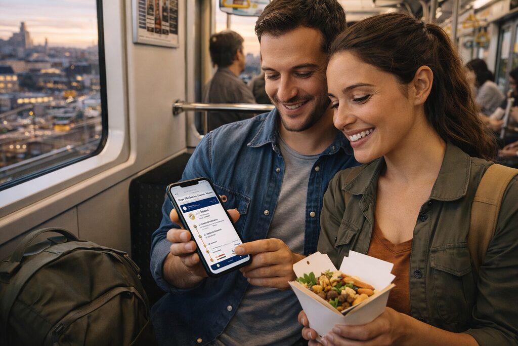 Travelers using smartphone navigation while riding public transport train in a city