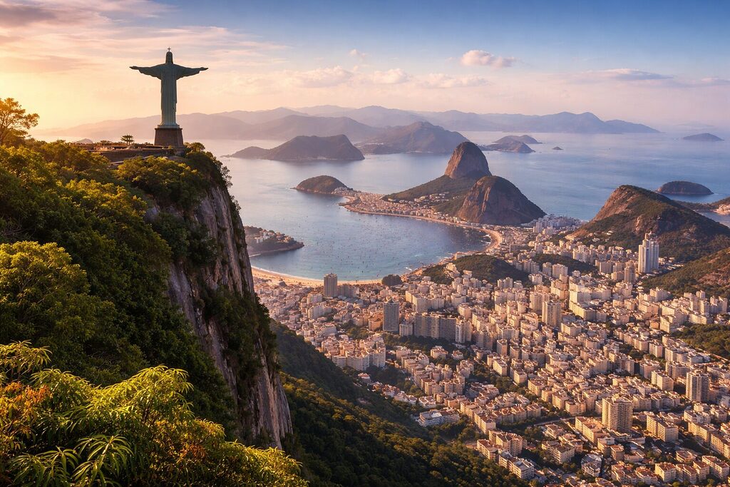 Rio de Janeiro skyline with Christ the Redeemer, Sugarloaf Mountain and Copacabana coastline at sunset