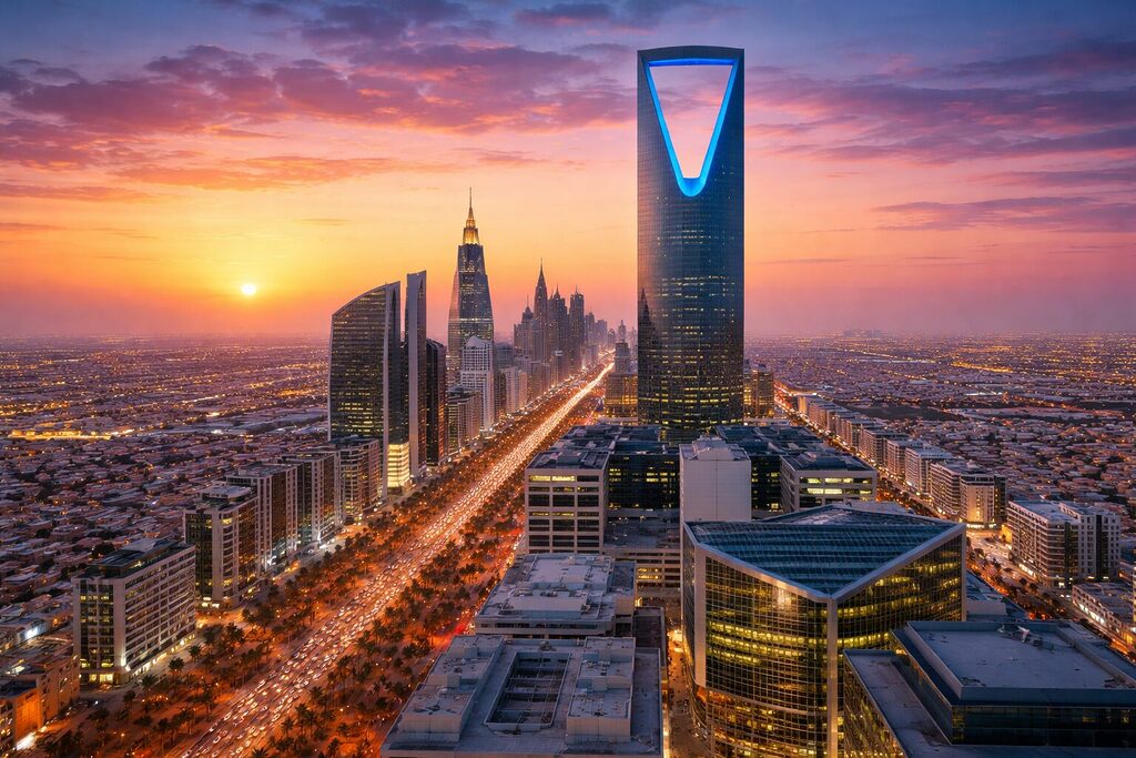 Riyadh skyline with Kingdom Centre Tower at sunset in Saudi Arabia
