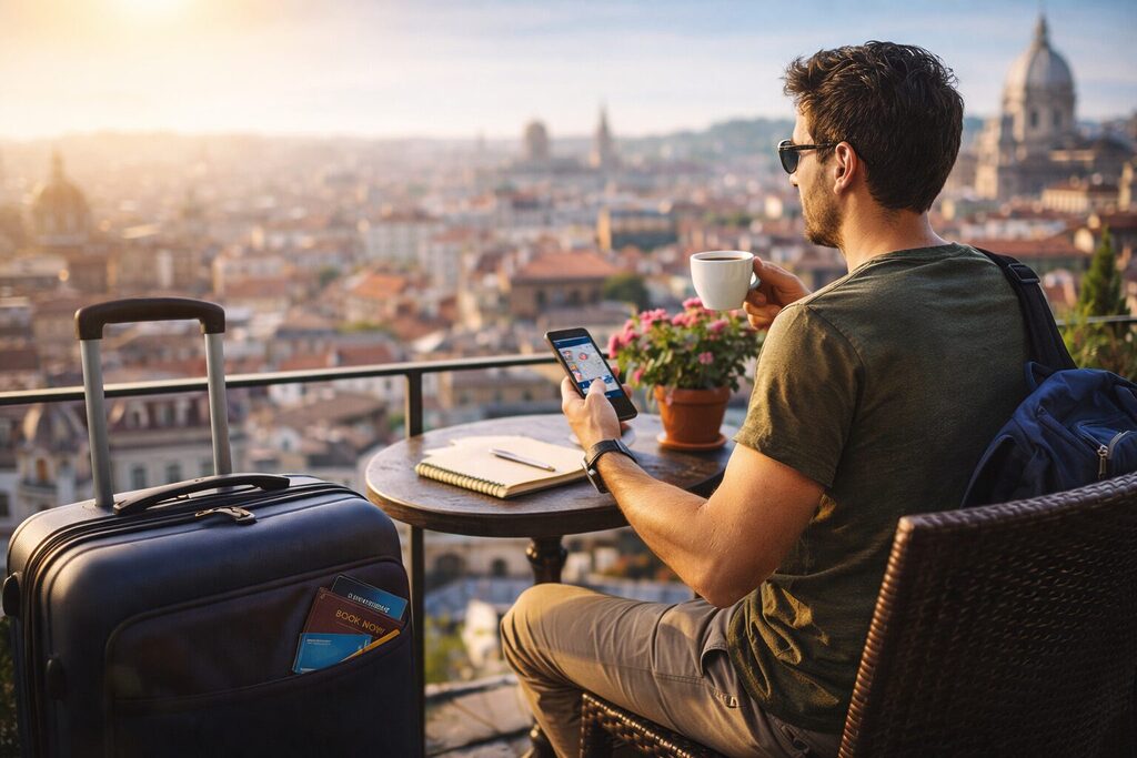 Traveler relaxing with coffee and suitcase while planning a comfortable budget trip with city view