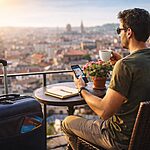 Traveler relaxing with coffee and suitcase while planning a comfortable budget trip with city view
