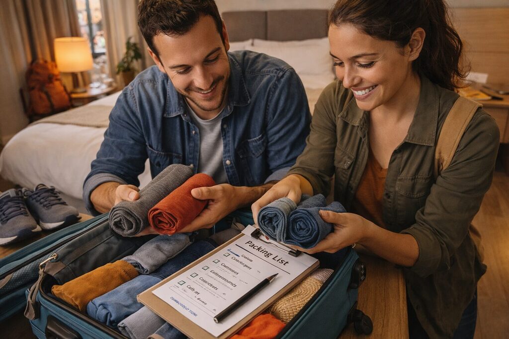 Travelers packing suitcase with rolled clothes and checklist for efficient budget travel