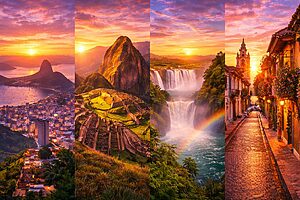 South America travel destinations collage featuring Rio de Janeiro Machu Picchu Iguazu Falls and Cartagena at sunset