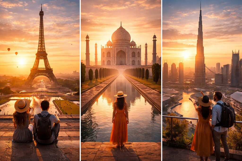 sunrise at Eiffel Tower Taj Mahal and Burj Khalifa with travelers enjoying morning views