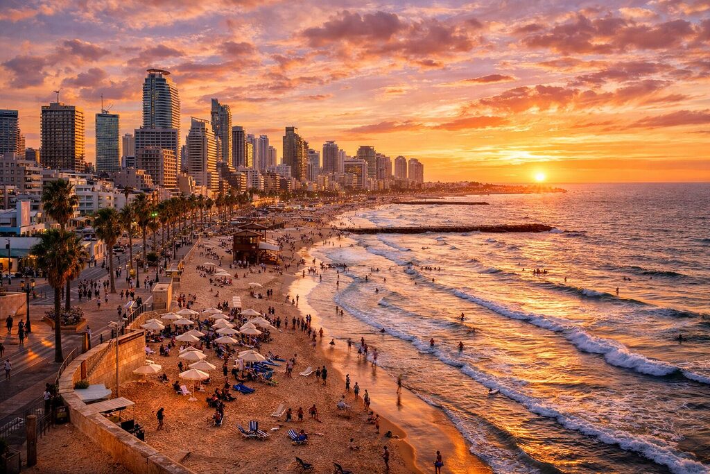 Tel Aviv beach and skyline at sunset along the Mediterranean coast in Israel