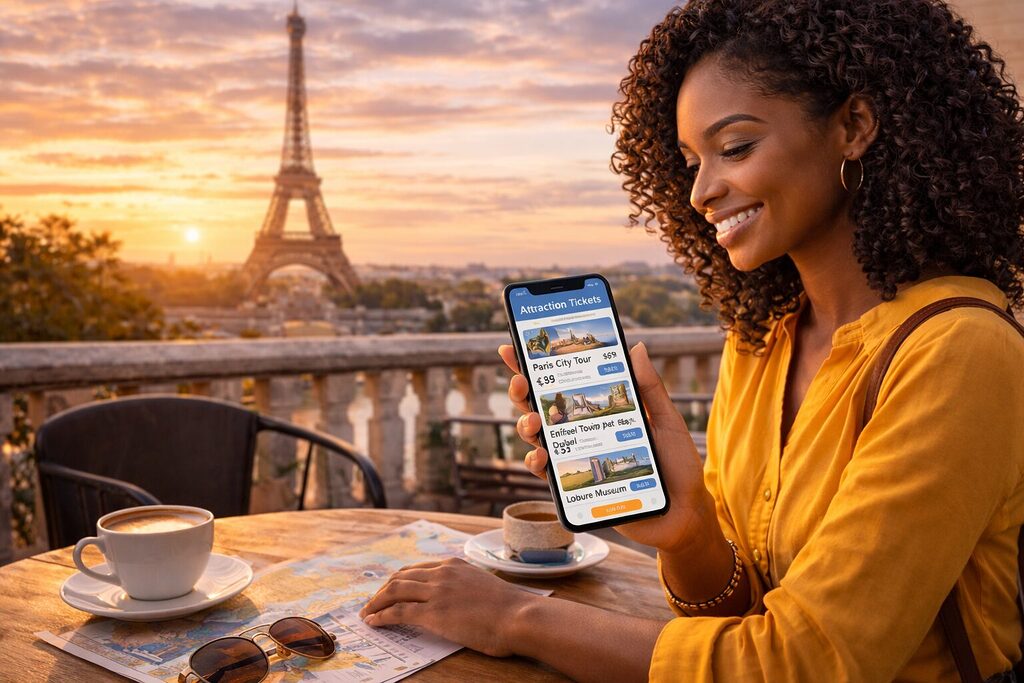 African traveler booking attraction tickets on smartphone near Eiffel Tower at sunset