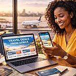 African traveler browsing international travel deals on smartphone and laptop at airport café