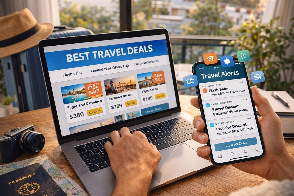 Traveler browsing travel deals platforms on laptop and smartphone with discount alerts and flash sales