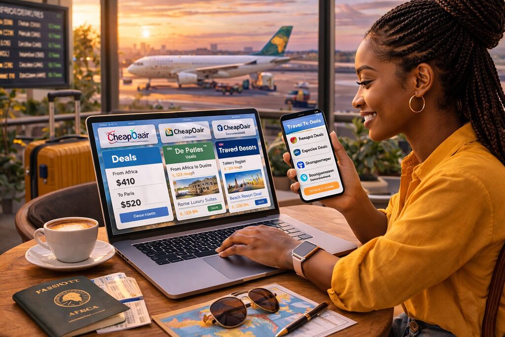 African traveler browsing travel deals platforms on laptop and smartphone at airport