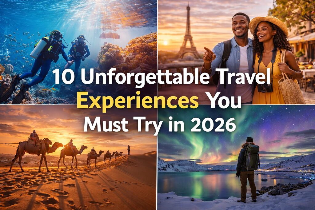 collage of travel experiences including scuba diving Eiffel Tower desert safari and northern lights