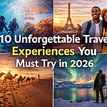 collage of travel experiences including scuba diving Eiffel Tower desert safari and northern lights