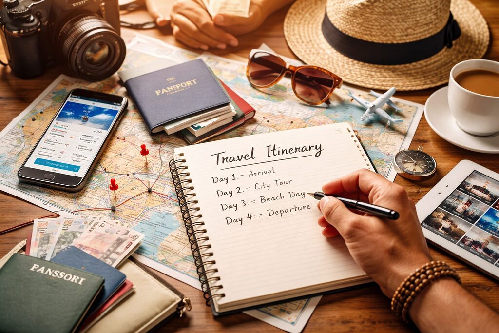 Travel itinerary planning with notebook, map, passport and smartphone for international trip