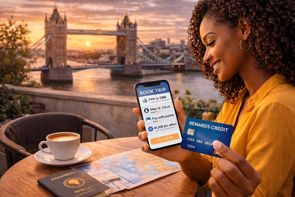 African traveler using credit card and smartphone to book travel with rewards points abroad