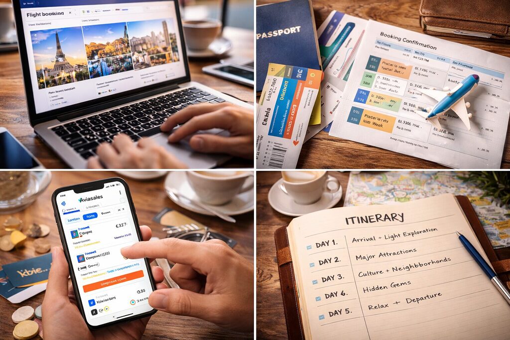 Travel planning and booking using laptop, smartphone and itinerary notebook for international trip _ Smart Travel Tips 2026