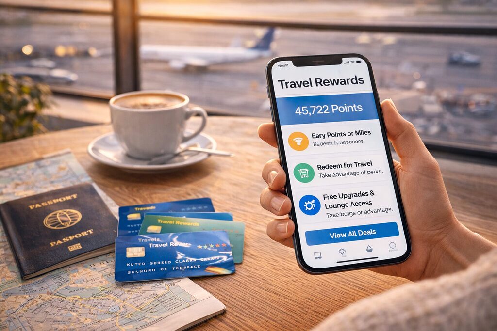 Traveler checking travel rewards points on smartphone with credit cards and passport on table at airport