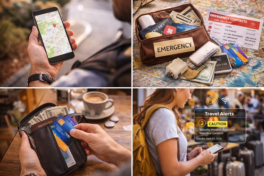 Travel safety tips showing GPS navigation, emergency kit, secure wallet and smartphone alerts during a trip - Smart Travel Tips 2026