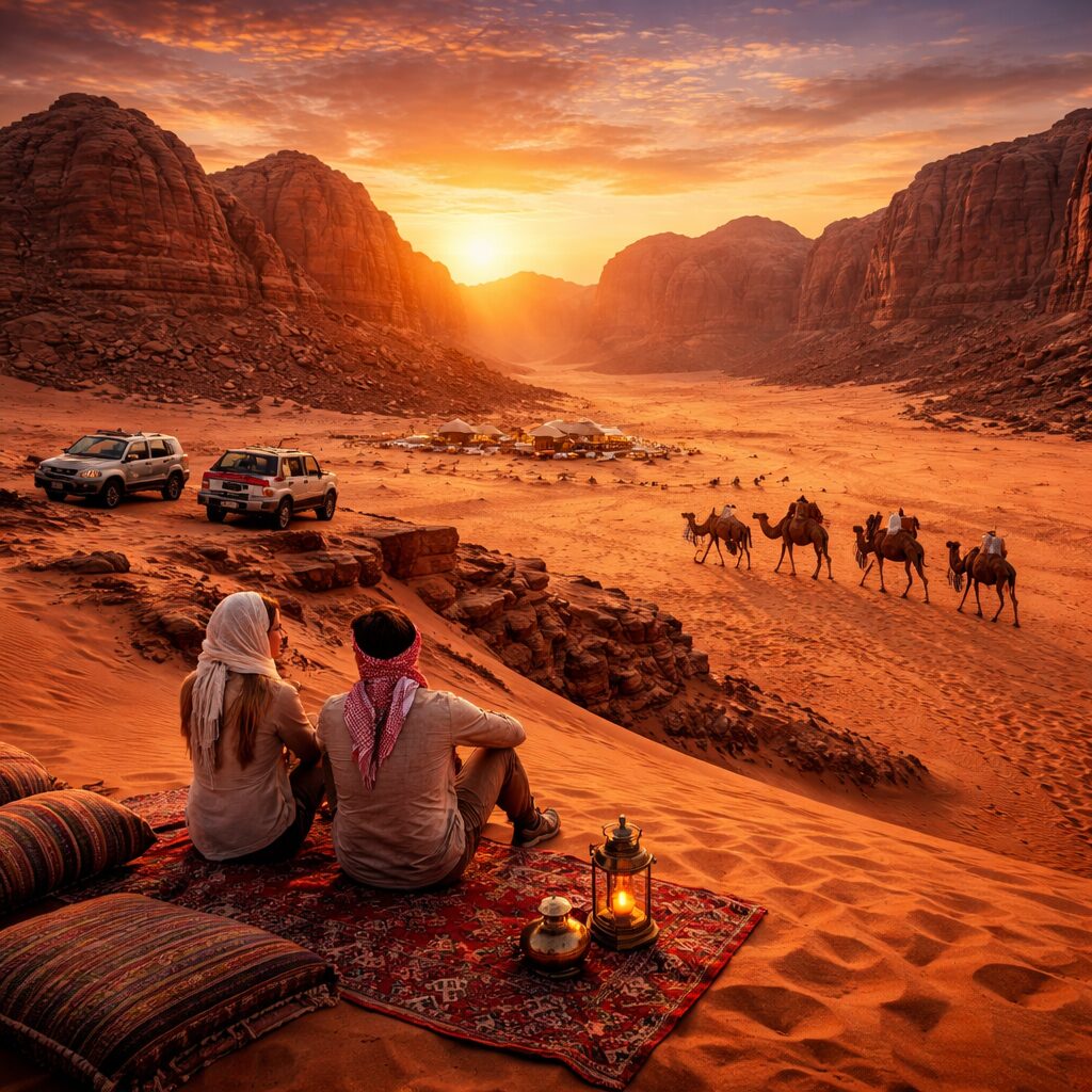 Wadi Rum desert landscape with jeep safari, camels, and Bedouin camp at sunset in Jordan